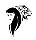 Woman with long hair and roaring tiger head vector portrait