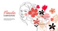 Woman with long hair. Silhouettes of flowers. Horizontal banner. Female face drawn in one line.