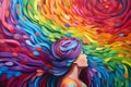 Woman with long rainbow coloured hair. Adult mental health concept.