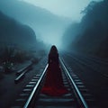 A woman in a long red dress walks along the rails in the fog.