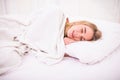 Woman With Long White Hair Lying And Sleeping In Bed