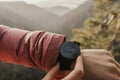 Woman looking app on sportwatch. Runner with heart rate monitor sports smart watch. Checking performance, GPS position or heart ra Royalty Free Stock Photo