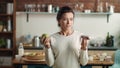 Woman looking between apple and eclair. Brunette girl eating tasty cake at home. Royalty Free Stock Photo