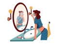 Woman looking at bathroom mirror. Morning girl hygiene and cosmetics routine, cartoon character standing before mirror