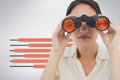 Woman looking through binoculars against white background with infographics