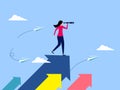 woman looking binoculars on a growing arrow. Looking forward. progress concept vector