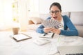 Woman looking at cash feel surprised Royalty Free Stock Photo