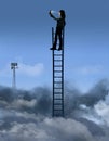 A woman looking for a cell phone signal is seen at the top of a ladder above the clouds searching for that signal Royalty Free Stock Photo