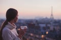 woman looking at Eiffel tower and beautiful panorama of the city Royalty Free Stock Photo