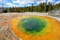 Woman looking at the famous Morning Glory Pool in Yellowstone National Park, USA Royalty Free Stock Photo