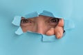 woman looking through a hole in a torn carboard Royalty Free Stock Photo