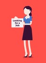 Woman with looking for a job advertisement sign