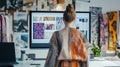 Woman looking at large data visualizations on multiple screens