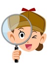 A woman looking into a magnifying glass, Detective face, Smiling face