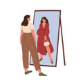 Woman looking at mirror reflection with different outfit. Makeover, changing image concept. Girl taking on dress in