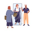 Woman looking at mirror reflection, new image. Personal stylist and female customer in fashion stylish clothes, modern