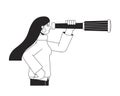 Woman looking at monocular telescope flat line black white vector character