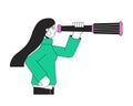 Woman looking at monocular telescope flat line color vector character