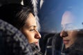 Woman looking out the window of a bus Royalty Free Stock Photo