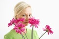 Woman looking over flowers. Royalty Free Stock Photo