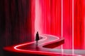 Woman looking at red illuminated pathway curving through towering structures. Abstract setting with glowing lights Royalty Free Stock Photo