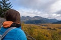 Woman looking at Resurrection River Valley at Exit Glacier, Harding Icefield, Kenai Fjords National Park, Seward, Alaska, United