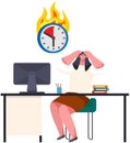 Woman looking scared at burning clock. Businesswoman stressed due to excessive work with computer