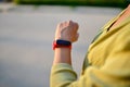 Woman looking on smartwatch on her wrist Royalty Free Stock Photo