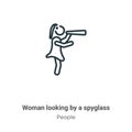 Woman looking by a spyglass outline vector icon. Thin line black woman looking by a spyglass icon, flat vector simple element