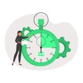 Woman looking at stopwatch and counting seconds. Concept of marketing project launch optimization Royalty Free Stock Photo