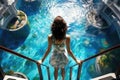Woman looking at the swimming pool from the top of the stairs. A tourist woman rear view in a swimming pool enjoys the elevated Royalty Free Stock Photo