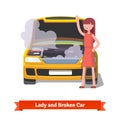 Woman looking under the hood of her broken car Royalty Free Stock Photo