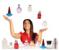 Woman looking up and juggling perfumes