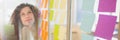 Woman looking up at sticky notes and sticky note transition Royalty Free Stock Photo