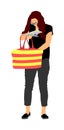 Woman looking for a wallet, keys on the bag, vector illustration. Stressful situation on street, loss of money. Tourist lady lost