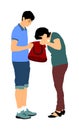 Woman looking for a wallet, keys on bag, vector illustration. Stressful situation on street, loss of money. Tourist lady stress.