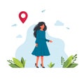 A woman is looking for a way, on the navigator. GPS navigation service application. maps, get directions metaphors