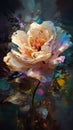 A rose vase with a spontaneous palette knife painted background in park rays of sunlight