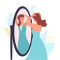 Woman looks in the mirror. Beautiful young female person sees her reflection. Vector