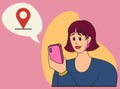 Woman looks into the phone. Girl checks the geolocation on the phone. Vector illustration
