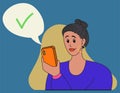 Woman looks into the phone. Girl checks plans at the phone. Vector illustration
