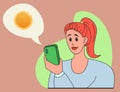 Woman looks into the phone. Girl got notification of crediting money to the account. Online bank. Vector illustration