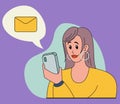 Woman looks into the phone. Girl received a message. Vector illustration