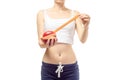 Woman lose weight slimness centimeter apple Royalty Free Stock Photo