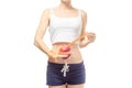 Woman lose weight slimness centimeter apple Royalty Free Stock Photo