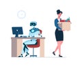 Woman lost her job due to robotics. The robot is in the workplace, and person is fired. Business people, unemployment