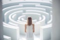 Woman lost in labyrinth. Troubled woman finding way out, Confused mind, problem of searching the way, thinking, finding the maze Royalty Free Stock Photo