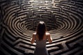 Woman lost in labyrinth. Troubled woman finding way out, Confused mind, problem of searching the way, thinking, finding the maze