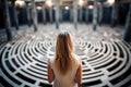 Woman lost in labyrinth. Troubled woman finding way out, Confused mind, problem of searching the way, thinking, finding the maze Royalty Free Stock Photo