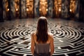 Woman lost in labyrinth. Troubled woman finding way out, Confused mind, problem of searching the way, thinking, finding the maze Royalty Free Stock Photo